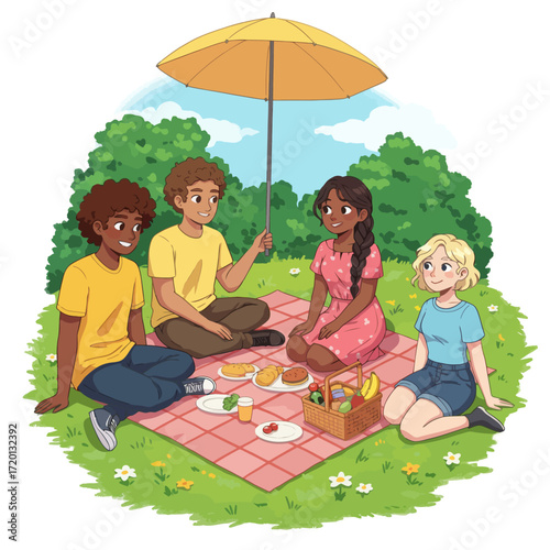 Illustration of four friends enjoying a sunny outdoor picnic lunch on a checkered blanket under a yellow umbrella