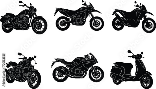 Motorcycle and scooter silhouette set, black and white vector icons, cruiser, sport bike, dual-sport, classic scooter, transport design