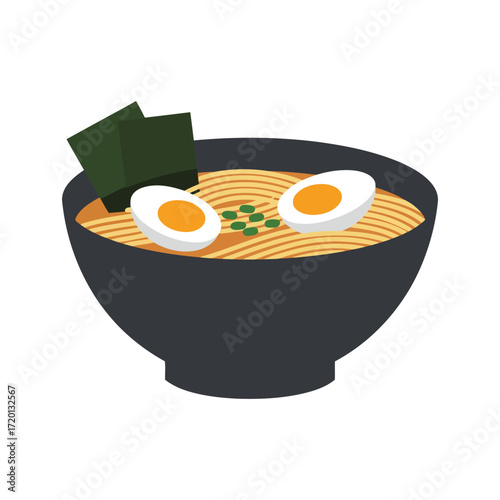 An illustration of a black bowl of ramen noodles topped with two halves of a boiled egg, green onions, and seaweed.
