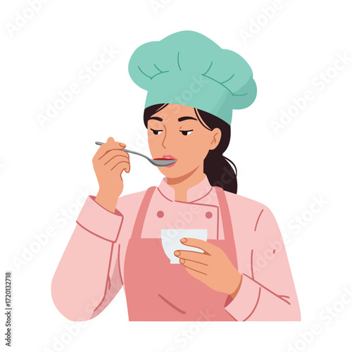 A professional female chef in a pink uniform and green hat tasting food from a spoon while holding a small bowl.