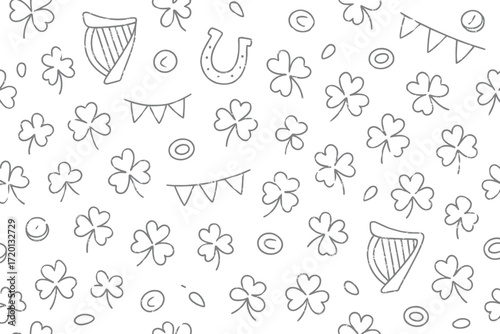 Black St. Patrick's Day Pattern with Shamrocks Banners and Harp Illustration