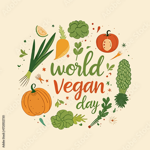 Vegan world day vegetables typography, vector art illustration.