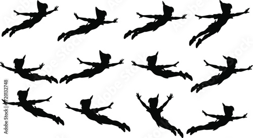 Flying silhouette vector illustration of fantasy character in motion, Peter Pan inspired figure artwork, magical fairy tale design concept