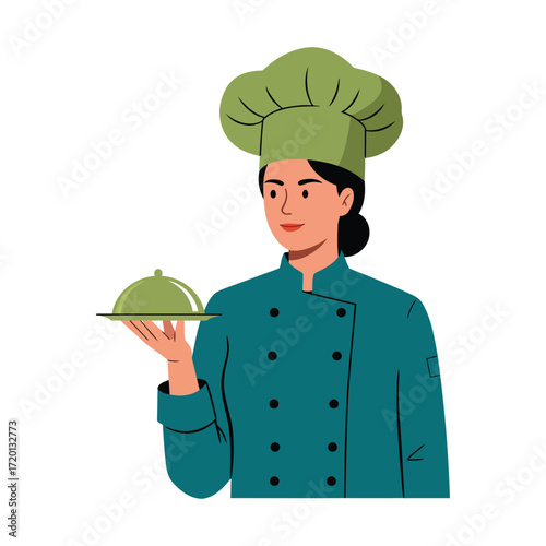 A professional female chef in a green hat and uniform holding a serving platter with a cloche.