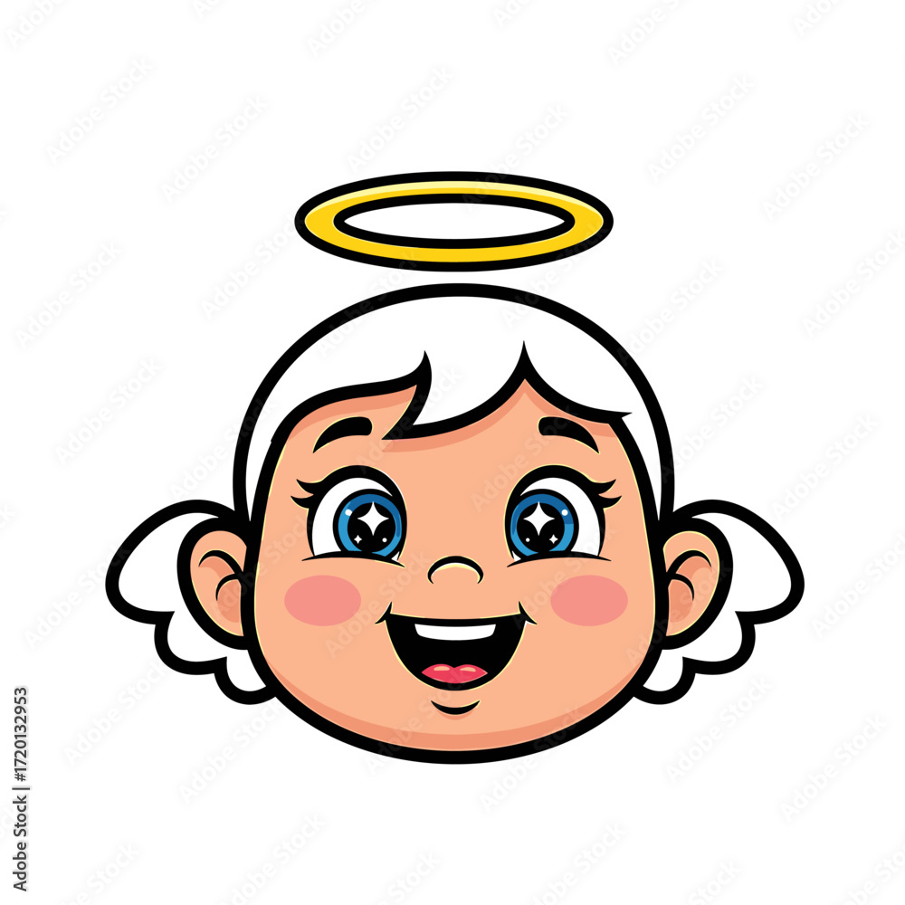Obraz premium Cute cartoon angel girl face with a golden halo, white hair, blue eyes, and a happy, smiling expression.
