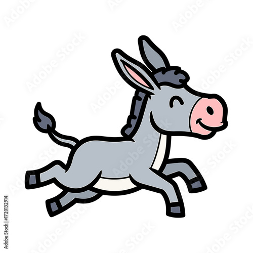 Cartoon donkey running with a smile on its face, isolated on white.
