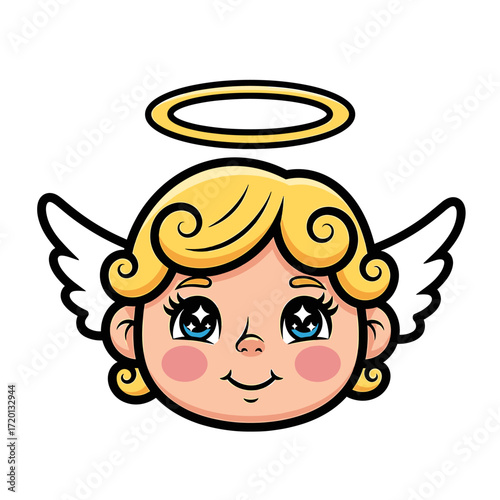A cute cartoon angel face with blonde curly hair, blue eyes with stars, white wings, and a golden halo.