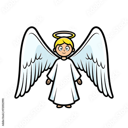 A cute cartoon illustration of a smiling angel with large white wings, a white robe, and a golden halo.