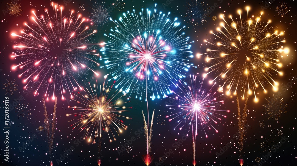 Naklejka premium Colourful explosions of fireworks light up the night sky during a christmas celebration