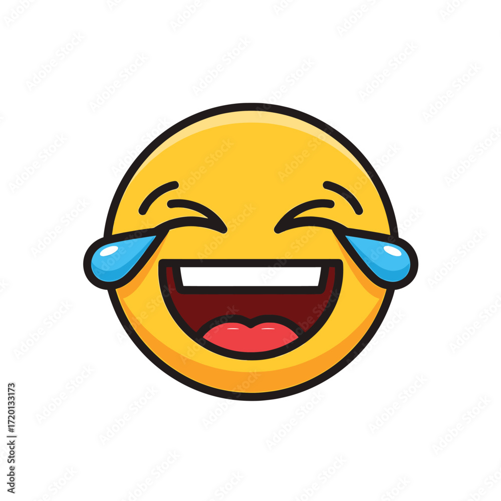 Obraz premium A cartoon illustration of a yellow emoji face laughing with tears of joy, expressing extreme happiness and amusement on a white background.