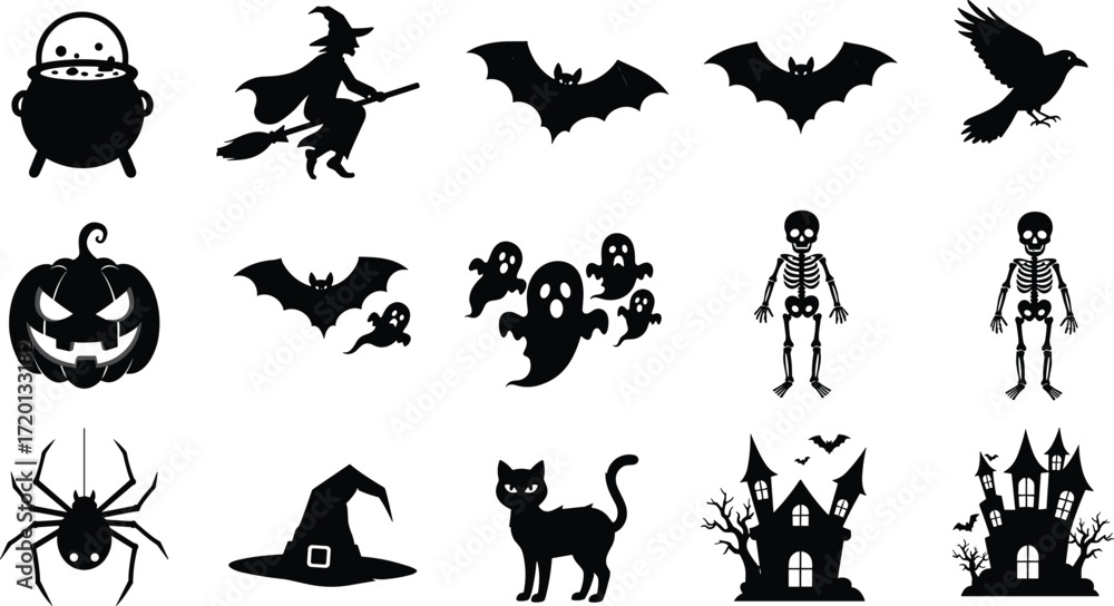 Fototapeta premium Halloween silhouettes, spooky icons, witch vector, ghost illustration, pumpkin design, haunted house, bat graphic, skeleton art, spider web, black cat