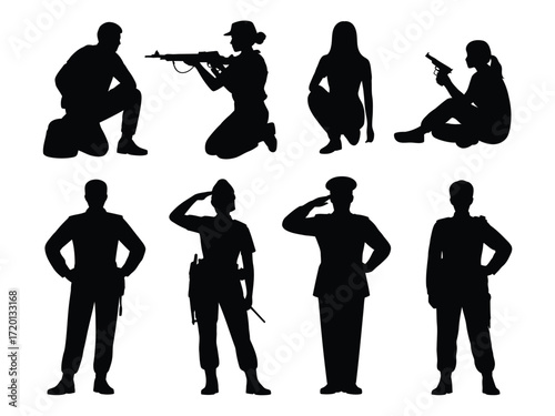 Diverse military and law enforcement personnel poses in striking black silhouette style