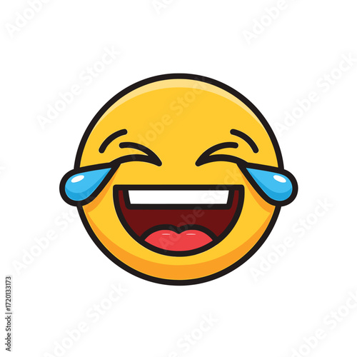 A cartoon illustration of a yellow emoji face laughing with tears of joy, expressing extreme happiness and amusement on a white background.