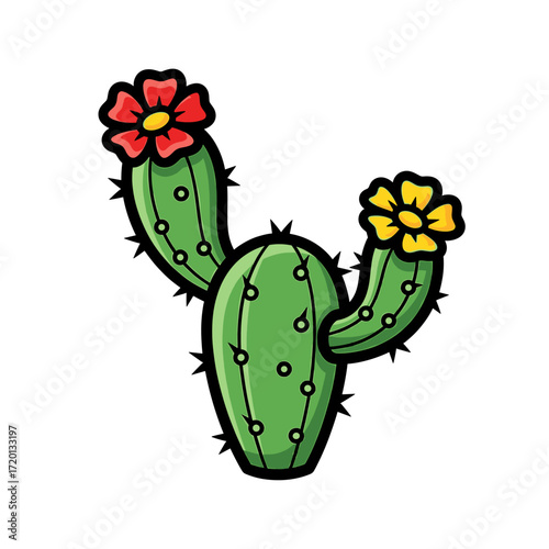Cartoon cactus with red and yellow flowers and black thorns.