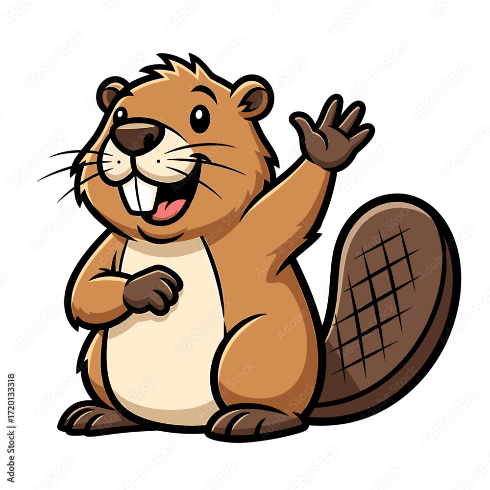 Naklejka premium Cartoon beaver waving, cheerful expression, cute design.