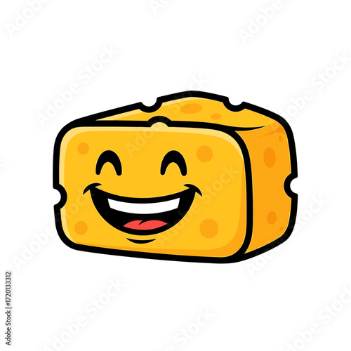 Cartoon cheese block with a happy face and holes, isolated on white.