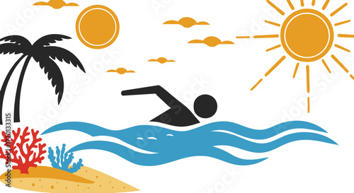 A person swimming in the ocean with a tropical island in the background, enjoying a sunny day