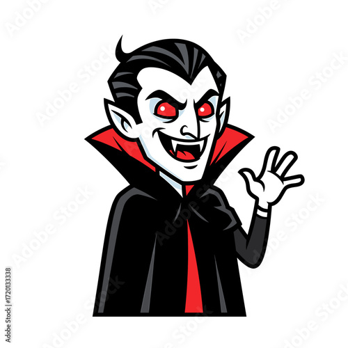 A cartoon illustration of a classic vampire with red eyes and a black cape, smiling and waving.