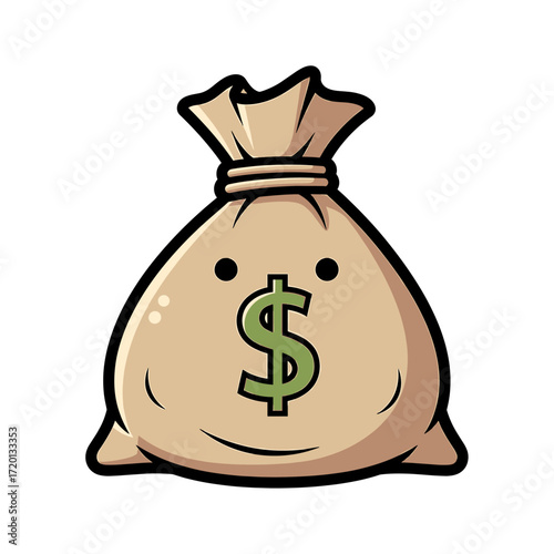 A cute cartoon illustration of a money bag with a dollar sign on it, representing wealth and finance.