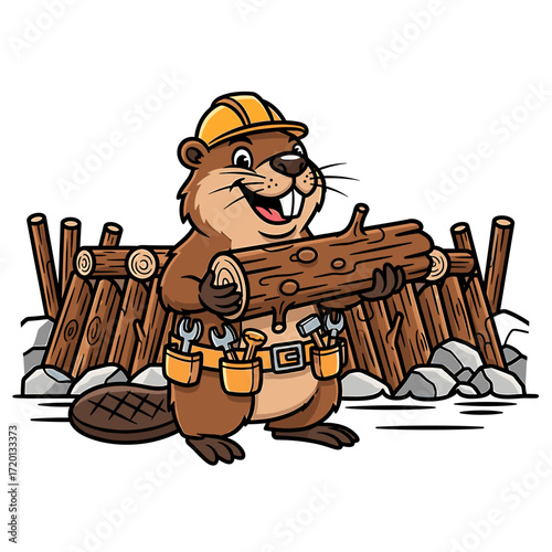 A cartoon beaver wearing a hard hat and carrying a log, depicted as a construction worker, with tools on its belt and a wooden dam in the background.