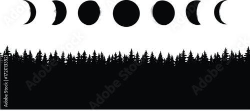 Forest silhouette with moon phases vector illustration, night sky lunar cycle artwork, nature landscape design, astronomy celestial art background