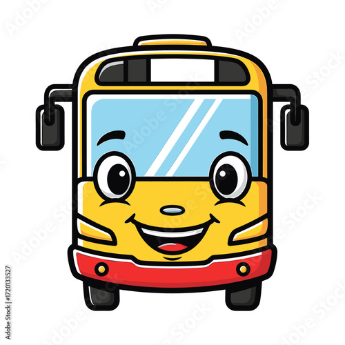 Happy cartoon bus illustration, cheerful face.
