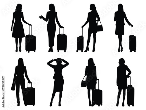 Collection of eight diverse female business traveler silhouettes with luggage and handbags showcasing various poses and attire for travel and professional settings silhouette