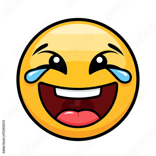 A bright yellow emoji face with wide-open eyes and a huge grin, shedding tears of joy from laughter.