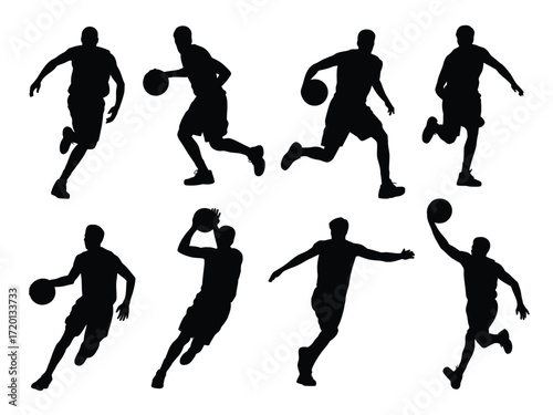Dynamic basketball player silhouettes capturing various actions and poses during a game silhouette