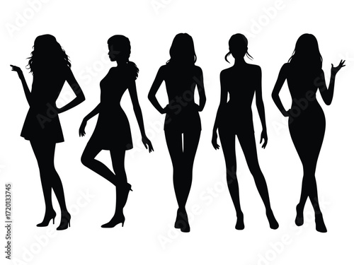 Collection of five elegant female silhouettes posed in various fashionable stances against a white background