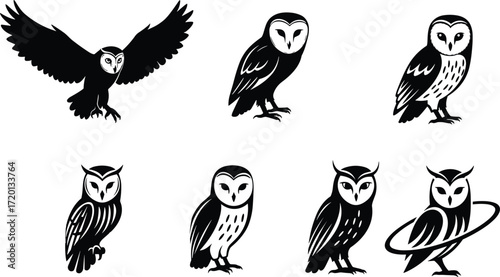 Owl silhouettes, bird vector, nocturnal animal illustration, wildlife design, forest graphic, raptor art, symbolic owl, perched bird, flying owl, nature artwork