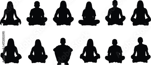 Group meditation silhouettes vector illustration of people sitting cross legged in yoga pose mindfulness relaxation spiritual practice design art