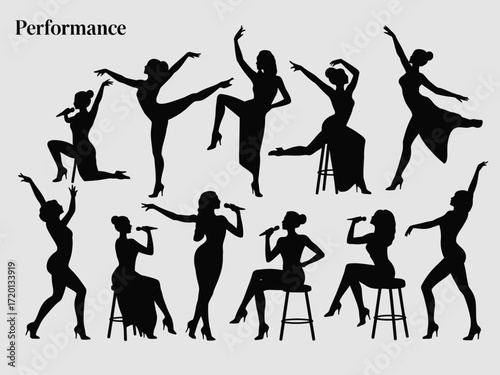 Elegant female performers in various dynamic poses showcasing singing and dancing artistry in a striking silhouette presentation