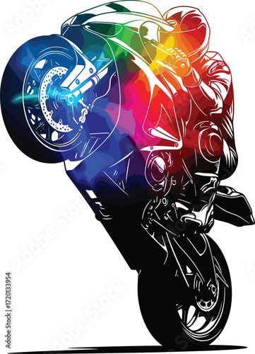 Colorful vector illustration of motorcycle rider performing extreme stunt wheelie with neon rainbow light effect artistic modern sport design.