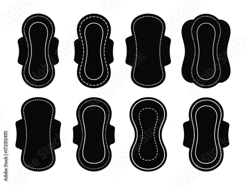 Collection of eight black sanitary pad icons showcasing diverse shapes and stitching details in a clean silhouette style