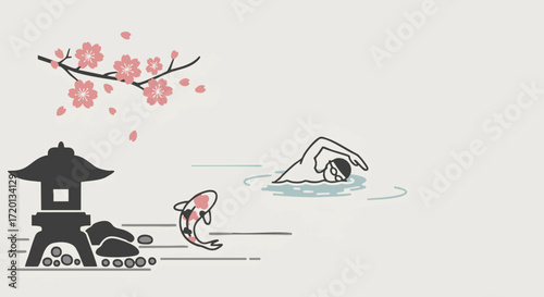 Tranquil Japanese Garden Scene with a Swimmer and Koi Fish, Cherry Blossoms, and a Lantern