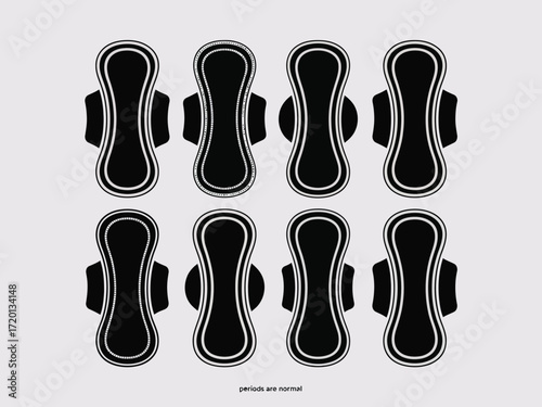 Eight stylized black sanitary pad silhouettes arranged in two rows against a light gray background emphasizing period normalcy silhouette