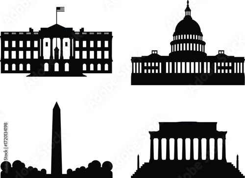 Washington DC landmarks silhouette set featuring the White House, Capitol, Lincoln Memorial, and Washington Monument for patriotic, travel, or educational designs