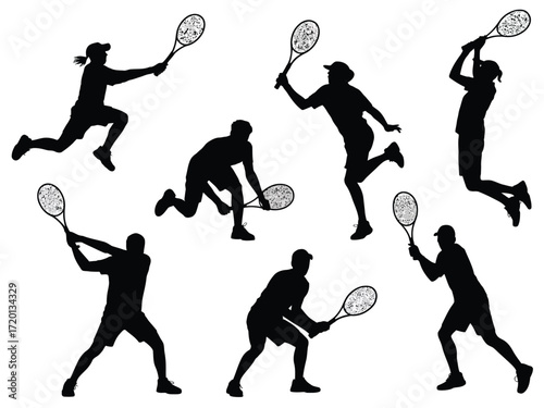 Dynamic tennis players in action capturing various strokes and movements during a match silhouette