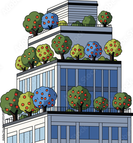 Modern rooftop garden with fruit trees and greenery on urban building, sustainable agriculture, eco friendly city design and green living