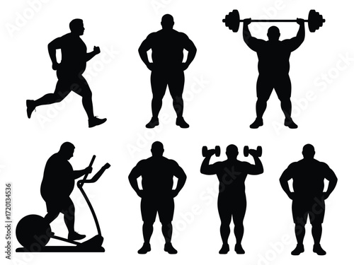 Collection of diverse overweight male figures in silhouette performing various fitness activities and exercises for health and wellness silhouette
