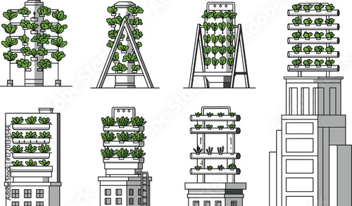 Modern vertical farming systems on city rooftops with hydroponic structures, sustainable urban gardening solutions, eco friendly agriculture design for future living