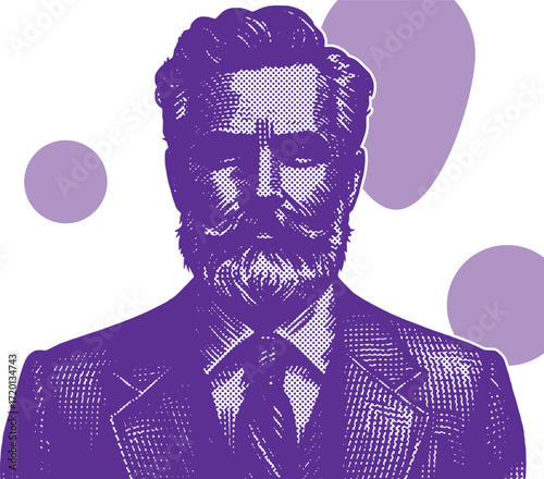 Vintage Halftone Portrait of a Distinguished Gentleman in a Suit. Purple Pop Art Illustration for Modern Home and Office Wall Decor Canvas Print.