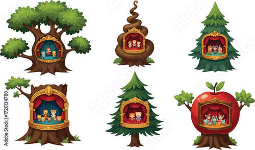Set of fairy tale puppet theater stages inside magical trees with curtains, fantasy performance illustration for children entertainment design collection