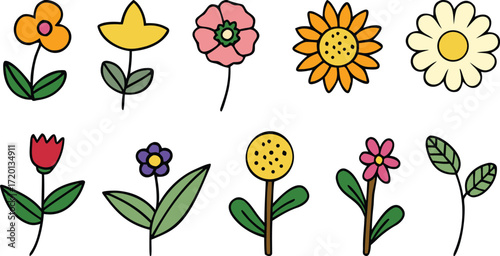 Vector art of collection of ten colorful handdrawn flowers with black outlines and a