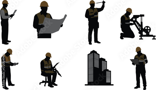 Silhouette construction workers with safety helmets and equipment working on building projects, engineering teamwork, architectural planning, industrial design vector illustration.
