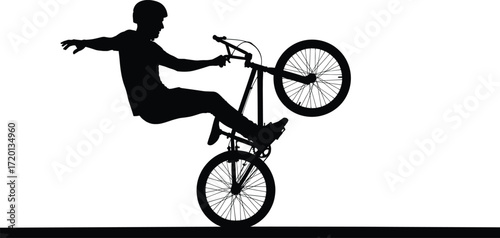 Silhouette illustration of a BMX rider performing freestyle stunt trick on bicycle with balance and control in extreme urban sport style.