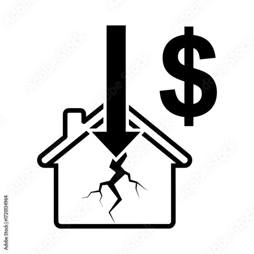 Cracked house with downward arrow and dollar sign silhouette vector illustration