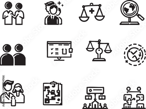 A collection of sixteen black and white business and organization related vector icons in a grid pattern