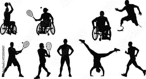 Inclusive sports silhouettes featuring athletes with disabilities, wheelchair basketball, prosthetic running, adaptive tennis, diversity, accessibility, and active lifestyle vector illustration